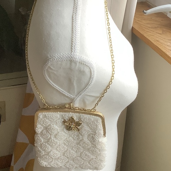 White Beaded Evening Bag with Gold Chain and Bejeweled  Flower - Picture 13 of 14